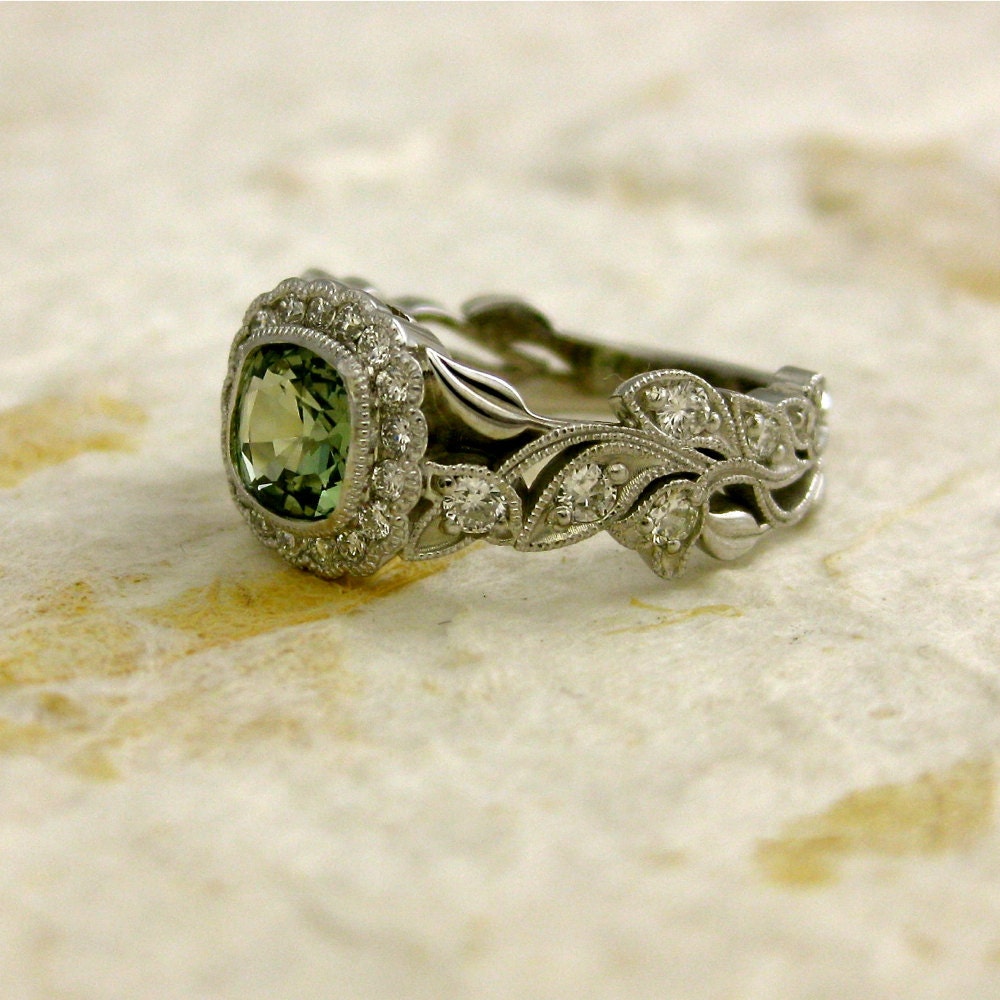 Custom Made Square Cushion Cut Green Sapphire Leaf Engagement Ring with Diamonds in 14K White Gold with Antiquing - Other Gems Available