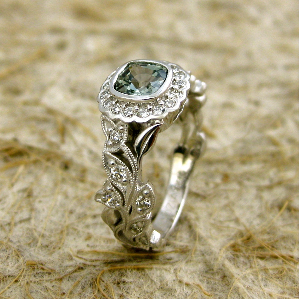 Vintage Style Square Cushion Cut Light Green Sapphire Leaf & Vine Engagement Ring in 14K White Gold with Diamonds - Other Colors Available
