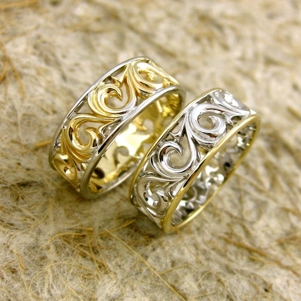 Hand Assembled Pair of Swirly Wedding Rings in Two Toned 14K White and Yellow Gold with Wide Scrolls Size 8.5/7mm