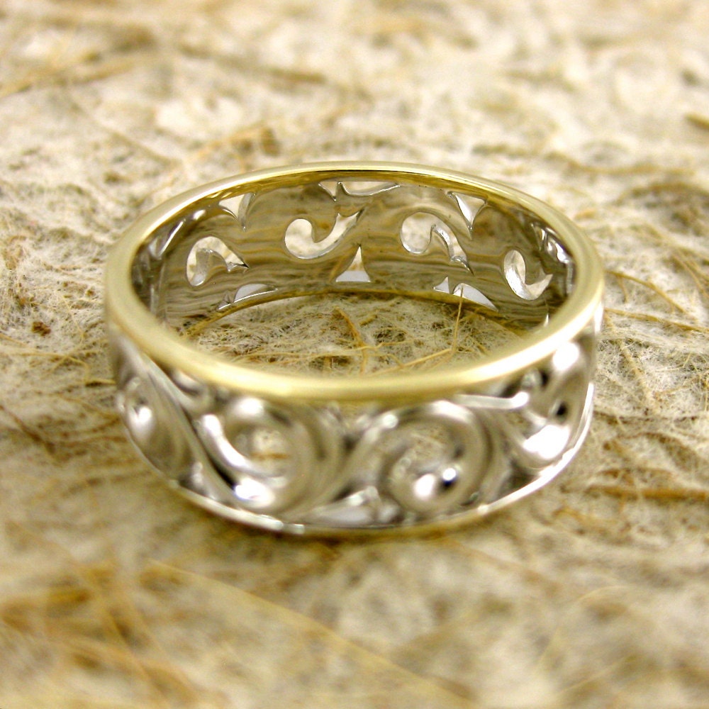 Hand Assembled Pair of Swirly Wedding Rings in Two Toned 14K White and Yellow Gold with Wide Scrolls Size 8.5/7mm