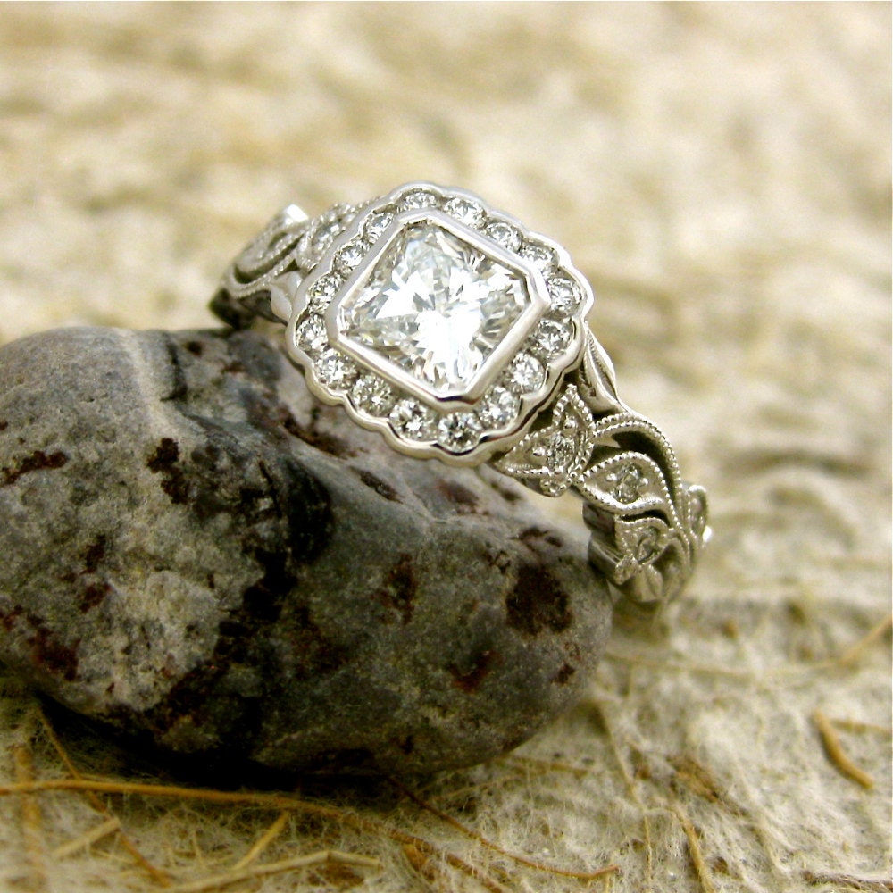 Vintage Inspired Custom Made Leaf & Vine Engagement Ring in 14K White Gold with Radiant Cut Diamond