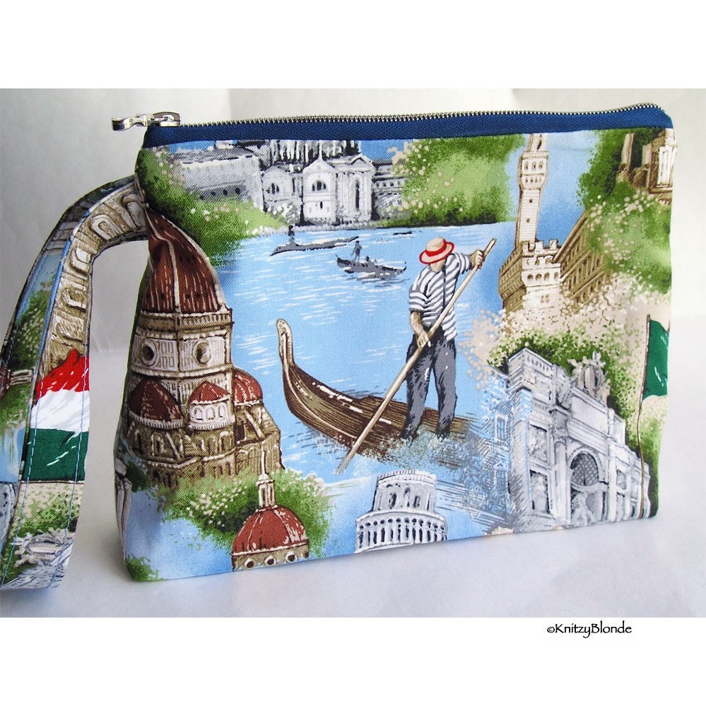 Cosmetics Bag, Knitting Notions Pouch, Italian Vacation Print Italy, Wrist Strap, Zipper