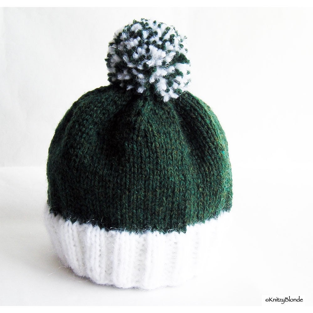 Hand Knit Baby Hat with Pom Pom, Forest Green White, Christmas Holidays, CUSTOM - you choose size