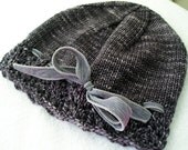 Lacy Hat, Hand Knit, Merino Wool Cashmere Yarn, Charcoal Grey Gray Lace Edged Silk Ribbon - Custom, You Choose Size