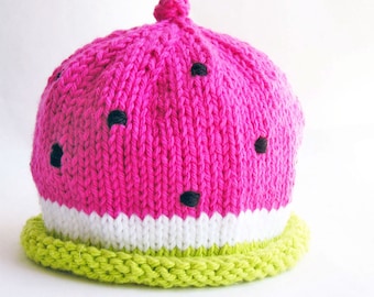 Hand Knit, Watermelon Baby Hat, Photo Prop, Pink Green White, Custom Size, Vegan Washable Baby Yarn