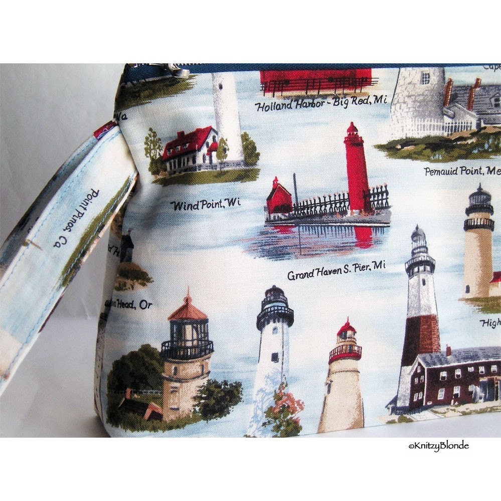 Cosmetics Bag, Knitting Notions Pouch, American Lighthouses Americana, Wrist Strap Zipper