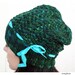Hand Knit Slouch Hat, Cables & Lace, Cashmere Merino Wool, Forest Green, Turquoise Silk Ribbon
