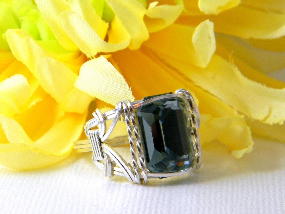 Ring Wire Wrapped in Sterling Silver and a Sea Blue Swarovski Crystal