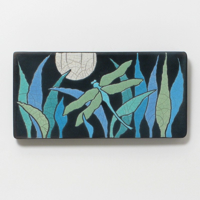 dragonfly tile, 4x8 raku fired art tile