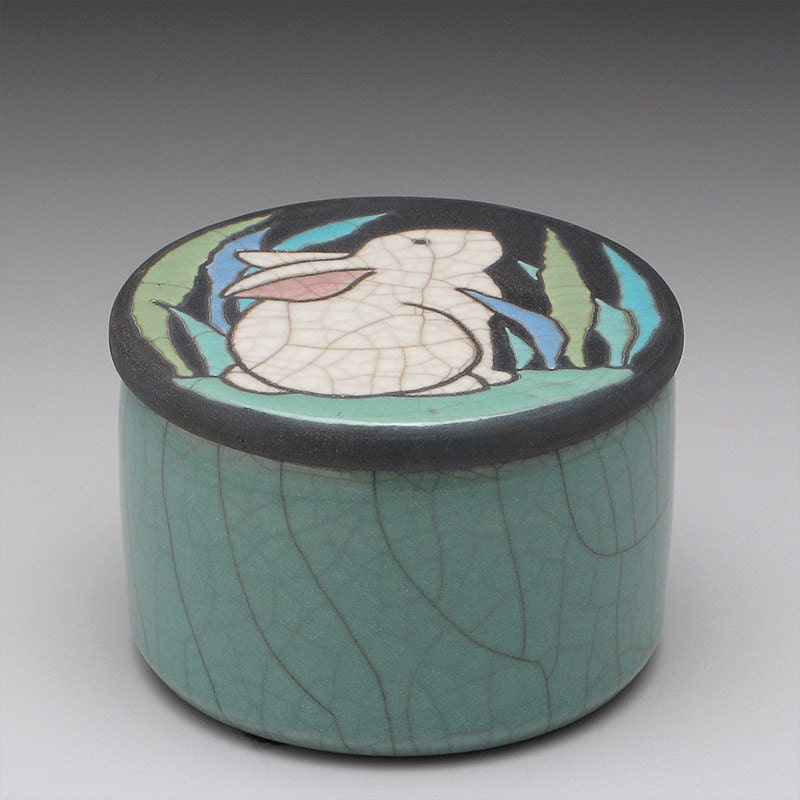 Rabbit Box, a round handmade raku fired clay box, trinket box,treasure box,home decor