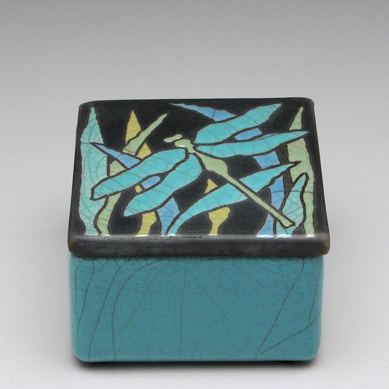 Box,dragonfly,ceramic,pottery handmade, raku,trinket box,home decor