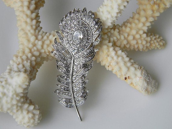 Rhinestone Peacock Feather Bridal Hair Clip - Crystal Clear - Bridesmaid Hair Clip - Wedding