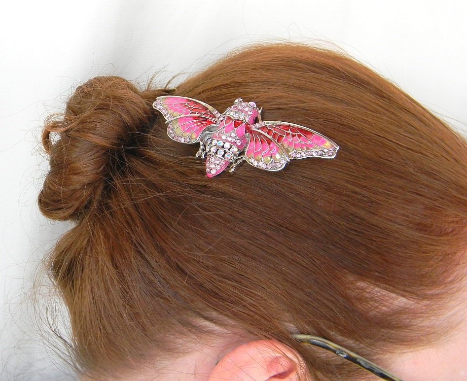 Cicada Hair Comb - Insect Comb - Blue and Cream Enamel Comb - Gold - Swarovski Rhinestone Comb - Bug Comb - Original