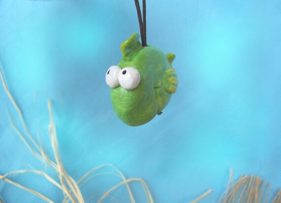 Funny smiling green fish - little hanging sculpture, home or office decoration