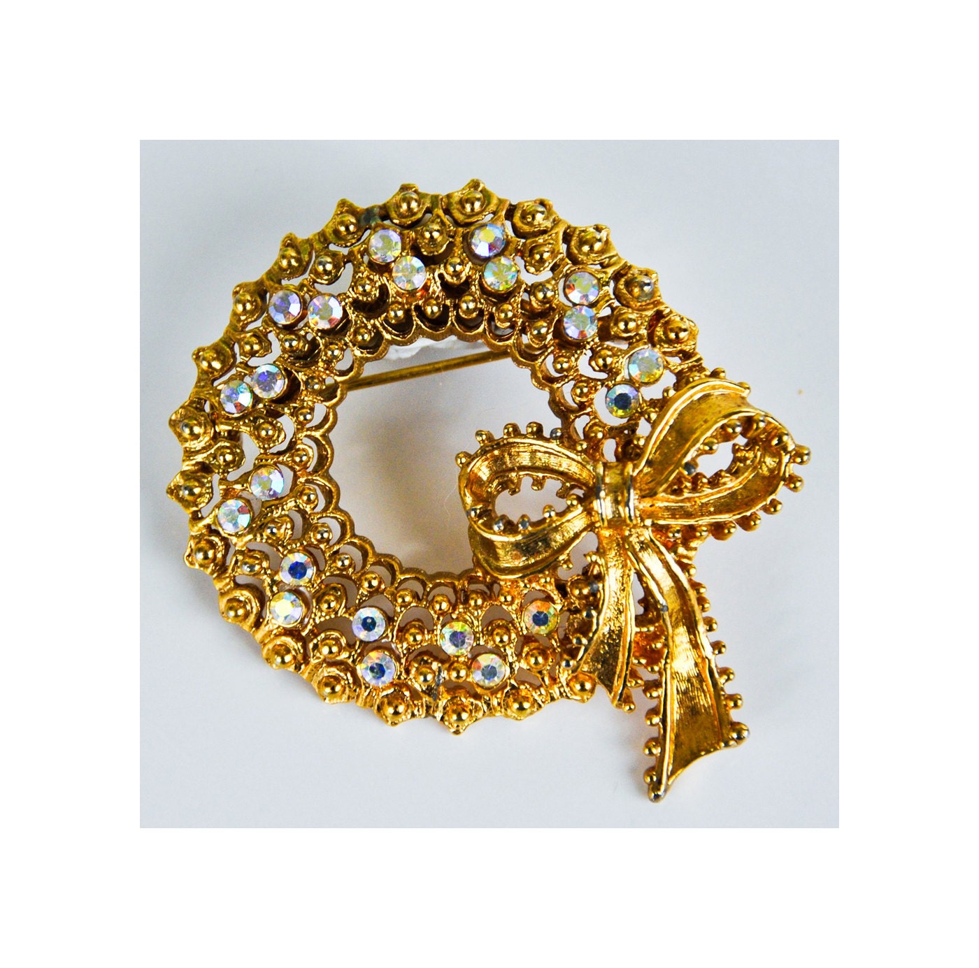 Tancer II Gold Tone Open Design with Aurora Borealis Rhinestones Christmas Holiday Wreath Pin Brooch