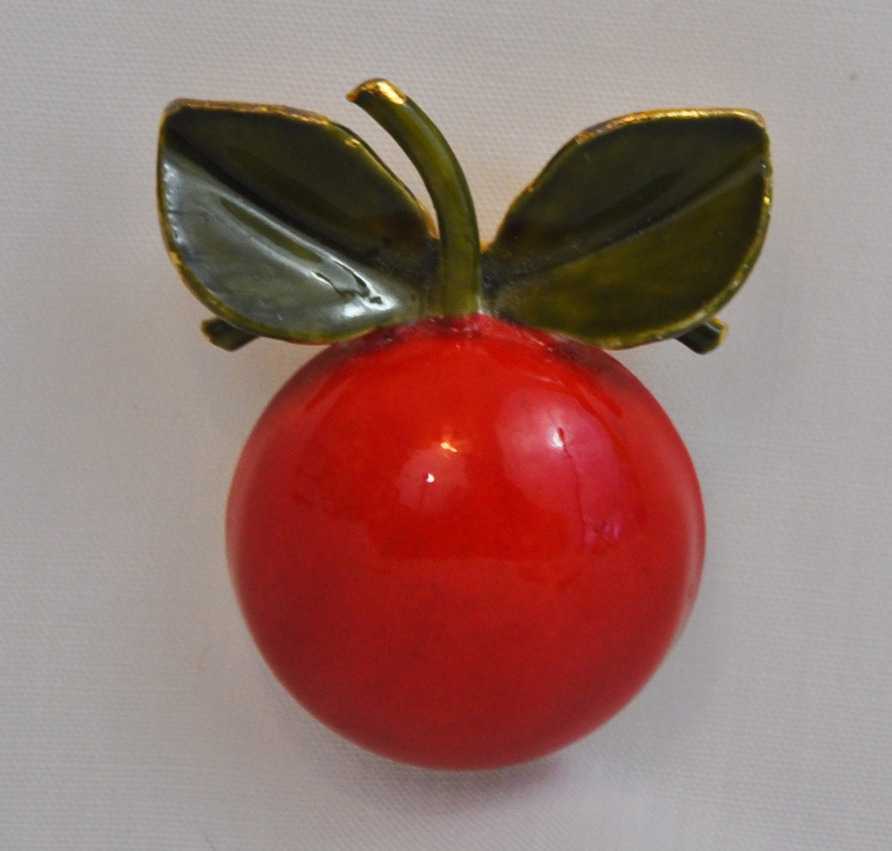 Red Enamel on Gold Tone Metal Cherry Vintage Pin Brooch