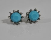 1970s Faceted Turquoise Glass and Silver Tone Metal Stud Post Back Earrings