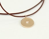 Diamond Coin, Diamond Charm, 14K Gold Necklace, Diamond Pendant on Leather Cord.