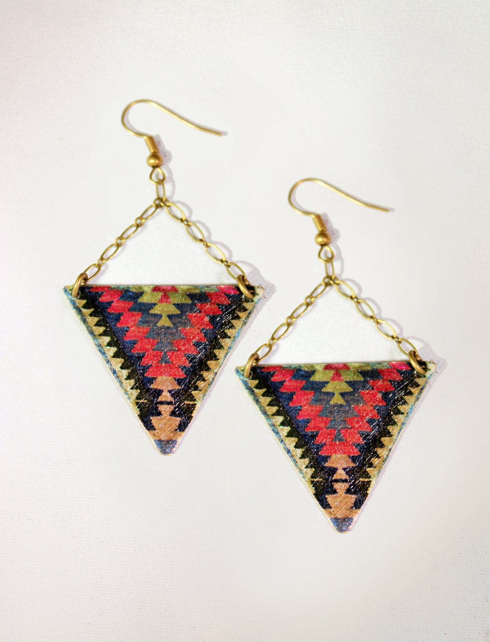 Cobalt and Pink Navajo Printed Brass Drop Earrings