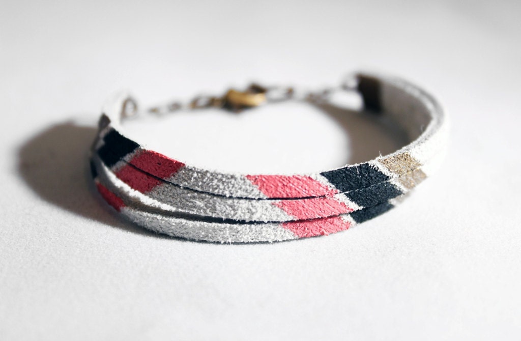 Pink and Black Hand Painted Leather Bracelet