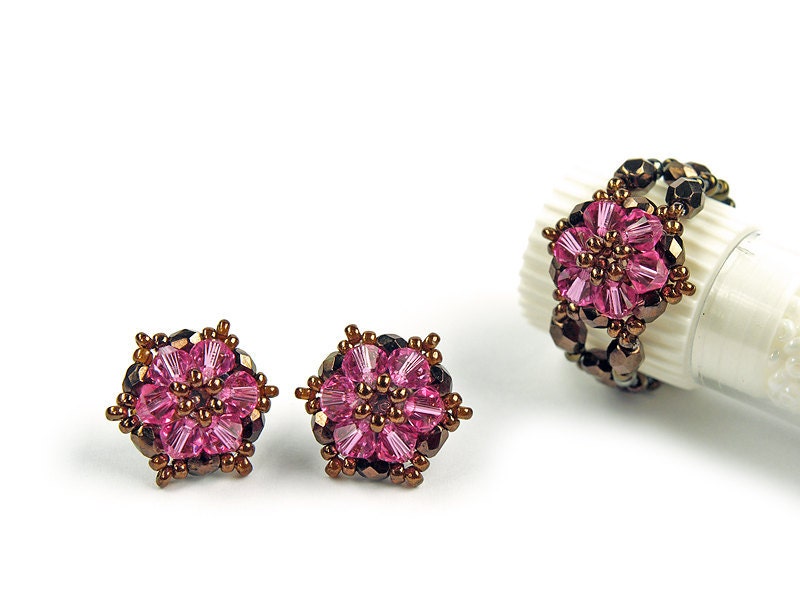 Rose Little Star - Swarovski Crystal Beadwoven - handwoven - Swarovski Earrings Ring jewelry set - Pink Bronze Brown