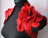 CLEARANCE Bolero, Shrug Dupioni Raw Bridal Silk Red, Petals Frill, Rose Brooch, LIKE A ROSE Size 6 Valentines Xmas