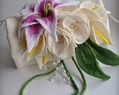 MUFF Bouquet Purse Clutch Stargazer Roses, Calla Lilies, Pearls,Feathers, Dupioni Silk Lined, ivory