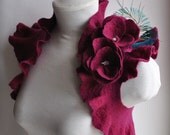 Bolero Shrug Burgundy Cherry Maroon Plum Wedding Bridal HAND Felted, Roses, Peacock Corsage / Brooch Rhinestones, US Size 6  Xmas Valentines