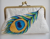 CLEARANCE Clutch Purse Bag, Genuine Italian Lambskin Leather, Peacock Feather Hand Painted, Hand woven Dupioni Silk Lined by TianaCHE