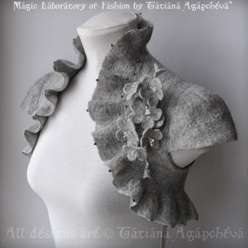 Grey Bolero, Shrug, Jacket Wedding Felted Couture, Blossoms Corsage/Brooch, Cap Sleeves, US 6 /CHERRY Blossoms/