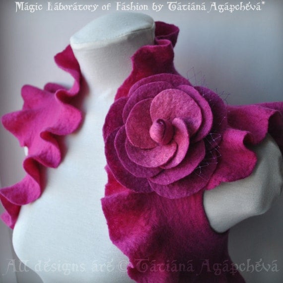 CLEARANCe Fuchsia Bolero, Shrug, Wedding Jacket, Felted, Huge Rose Corsage US Size 6, 2012 Design FUCHSIA ROSE