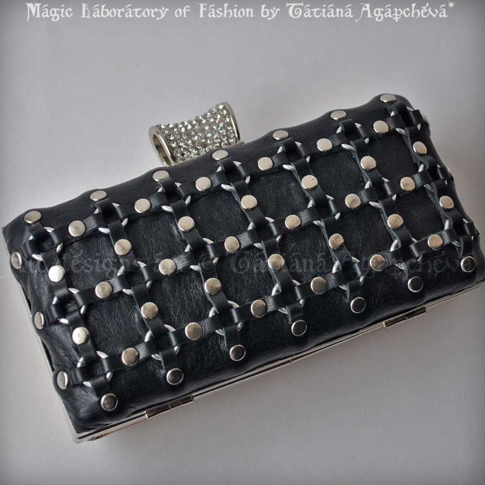 SALE Chainmaille Clutch, Purse Leather Italian Black Lambskin, intrecciato, Luxury, TianaCHE