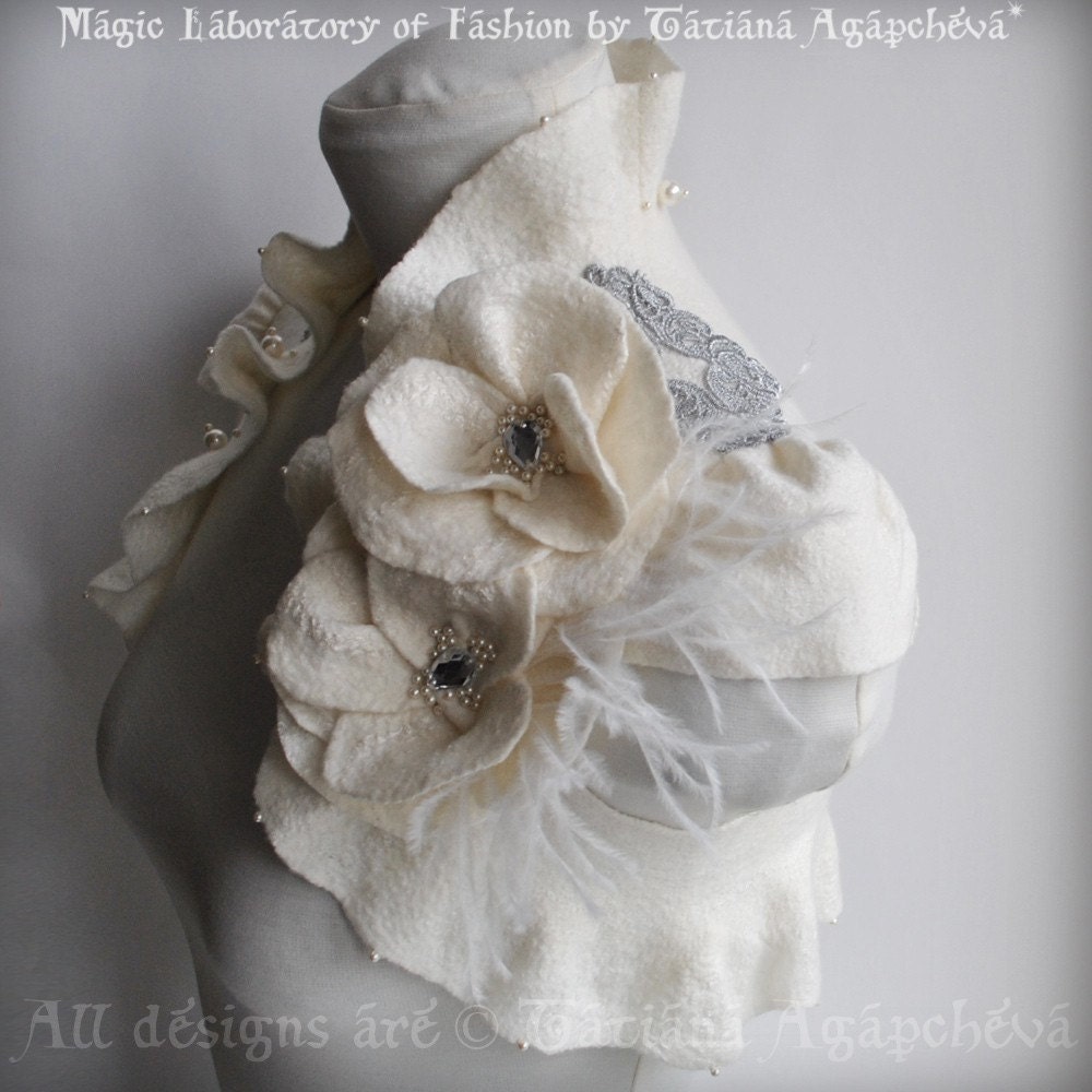 Must Have Bolero, Shrug Wedding /FASHION Philosophy/, Roses, Ostrich Brooch, Silver Embroidery Lace, Couture, US 6 Free Shipping