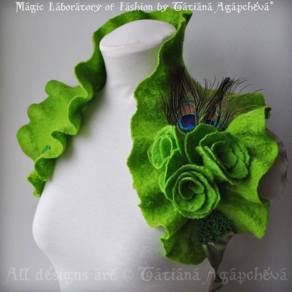 LA FEE VERTE Absinthe Green Fairy Wedding Bridal or Special Occasions Felted Bolero/Wrap/Capelet/Scarf/Cowl in Chartreuse Green with Three Roses and Peacock Feathers Corsage FREE SHIPPING