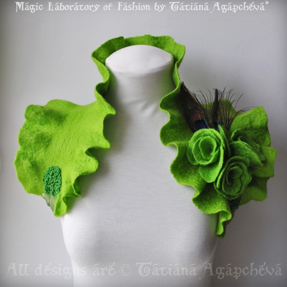 Bolero, Wrap, Capelet, Absinthe, Green Fairy Bridal Felted, LA FEE VERTE Chartreuse,Three Roses, Peacock Corsage Saint Patrick's Day