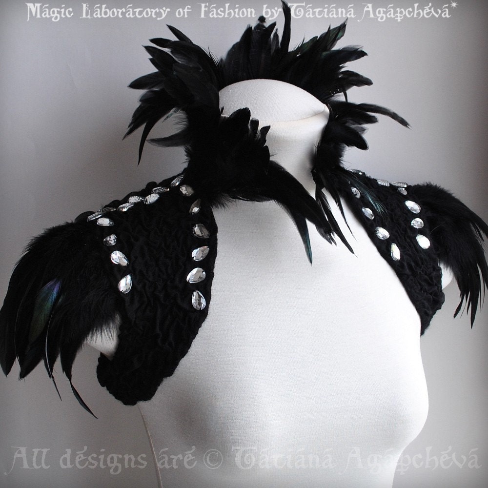 Bolero Shrug La Marquise Casati Goth Decadent Felted Black Silk Chiffon Nunofelt, Feathers Empress Collar Epaulettes Sleeves Rhinestones