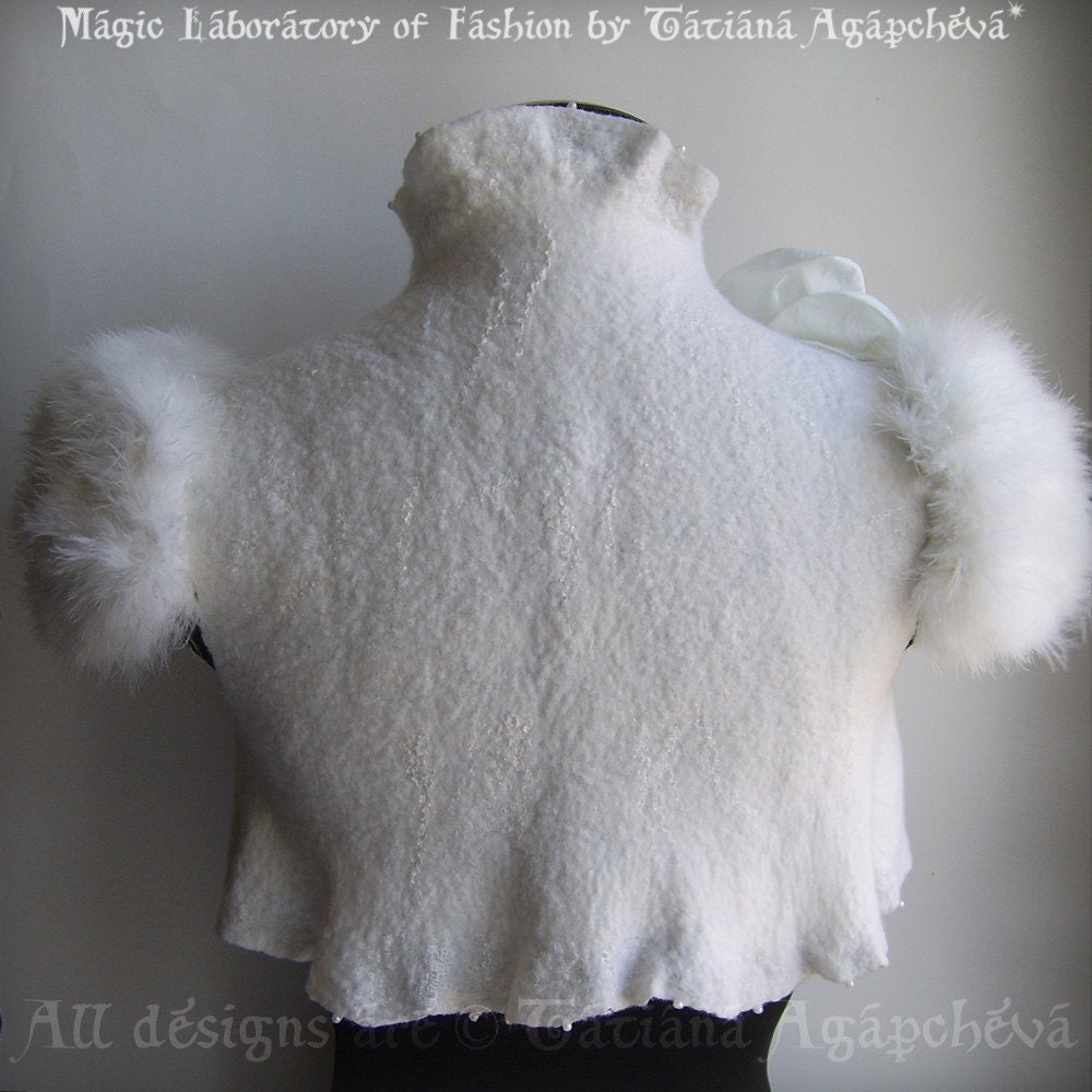 Bolero, Shrug, Jacket Wedding Felted, Marabou Bridal Felted, Cap Sleeves /The Swan Princess/ Roses, Pearls Brooch