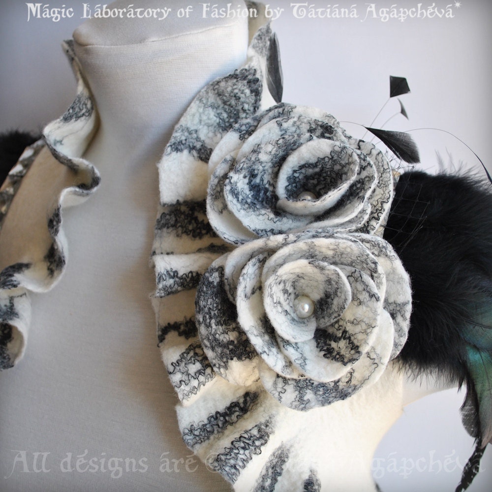Shrug Bolero Felted Wedding Black White /SOLDIER of LOVE/ Bridal Merino/ Silk, Ivory, Flower Roses Brooch, Feathers Sleeves, US 6