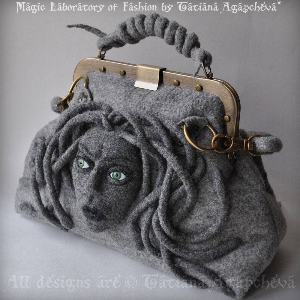 MEDUSA Gorgona Satchel Gladstone, Doctors Bag, Felted, Meduse Head, Detachable handles, Antique Bronze Hardware, Australia merino,2012