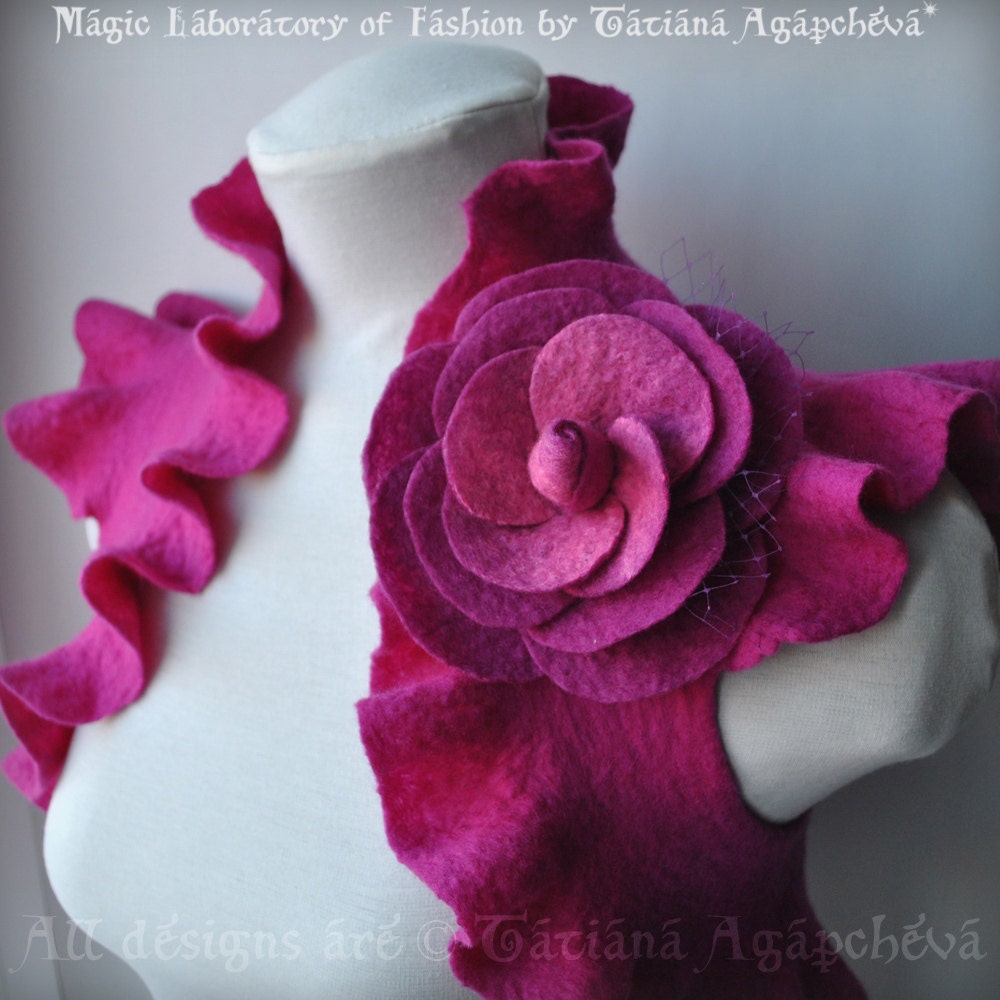 CLEARANCe Fuchsia Bolero, Shrug, Wedding Jacket, Felted, Huge Rose Corsage US Size 6, 2012 Design FUCHSIA ROSE