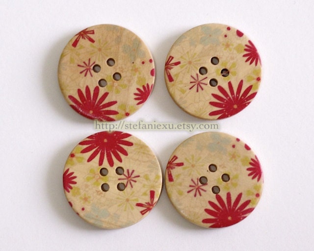 Wooden Buttons - Spring Flowers (4 in a set)