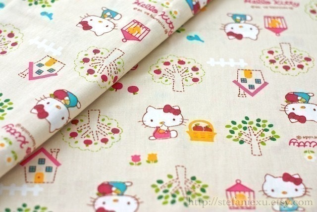 Japanese Cotton Fabric-Hello Kitty and Apple Tree, Cream Color (Fat Quarter 20x31 inches)