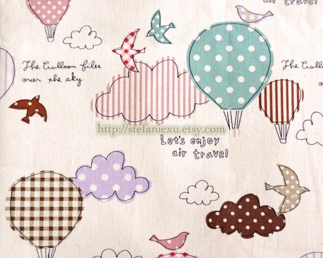 Air Travelling-Birds, Hot Air Balloon and Clouds Patchwork, Mint (Fat Quarter)-Linen Cotton Blended Fabric