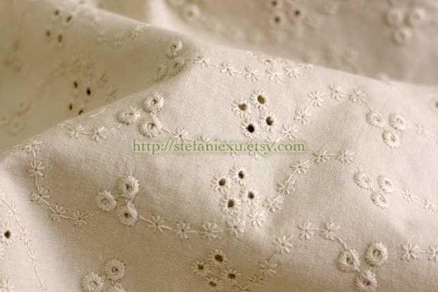Light Beige Eyelet Embroidery Floral and Branches-Japanese Cotton Fabric (1/2 Yard)
