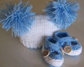 Knit Hat and Baby Booties Newborn Set Blue - ready to ship