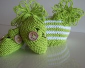 cotton set sack hat and baby booties key lime green and white 0-3 months ready to ship