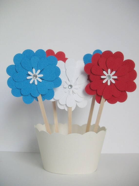 12 Red White Blue Cupcake Toppers - Ready to Ship Today Il_570xn