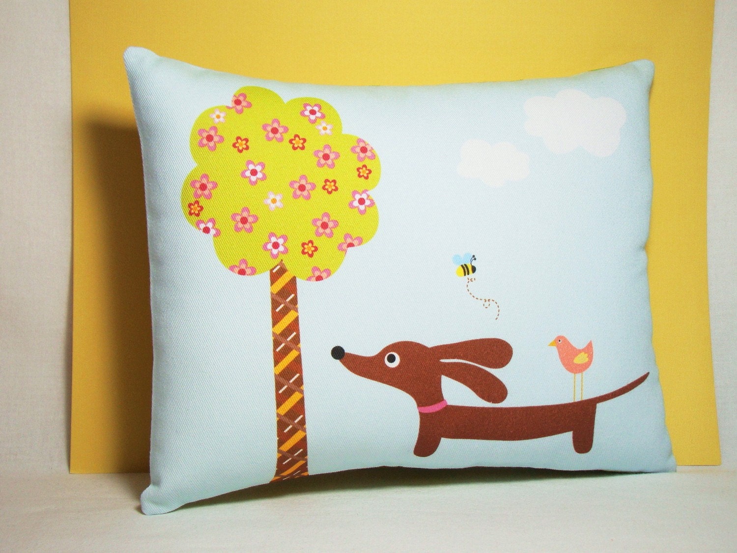 Dachshund Wiener Dog Pillow - Doxie Under the Cherry Blossom Tree