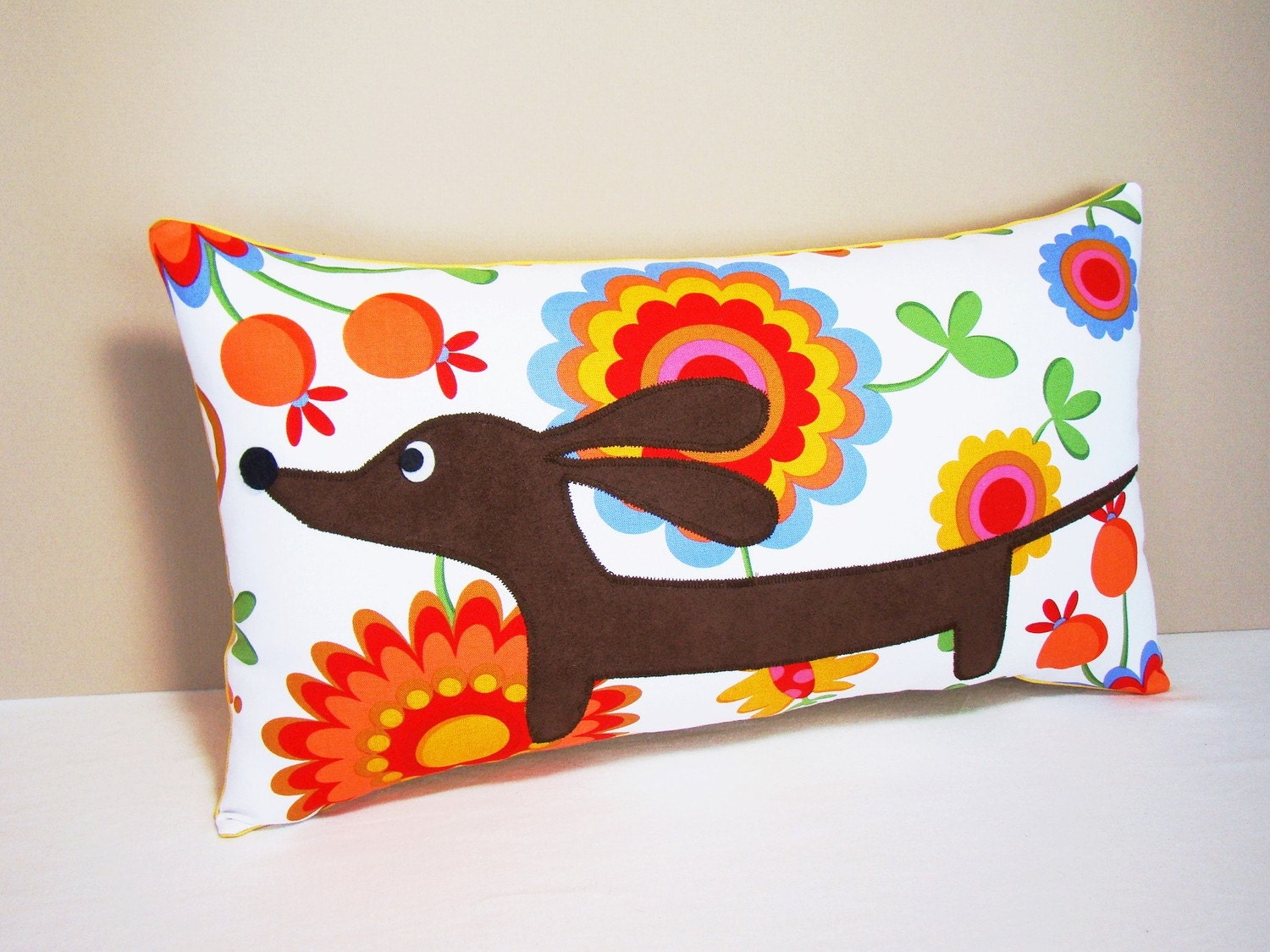 Doxie in the Vibrant Garden Decorative Rectangular Dachshund Pillow Featuring Designer Cotton Fabric in Warm Tones READY TO SHIP
