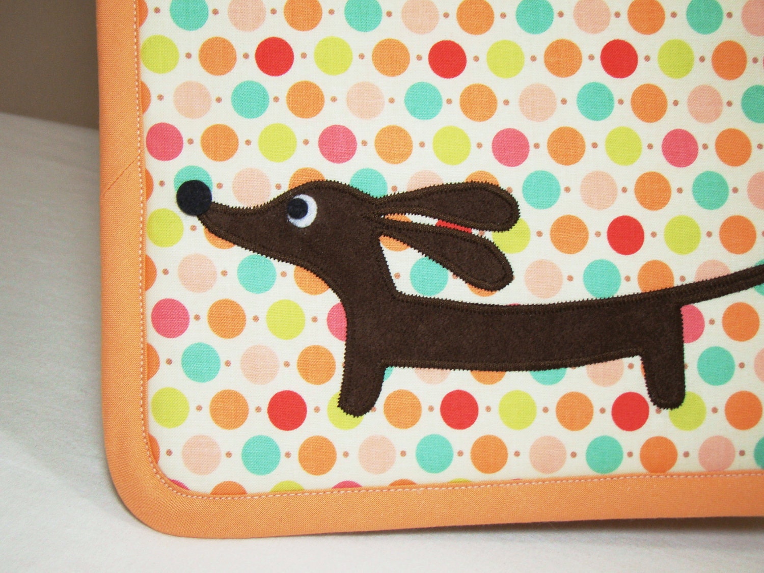 Doxie Rainbow Dot Kitchen Set of Two Supersized Dachshund Potholders Featuring Designer Cotton Fabric